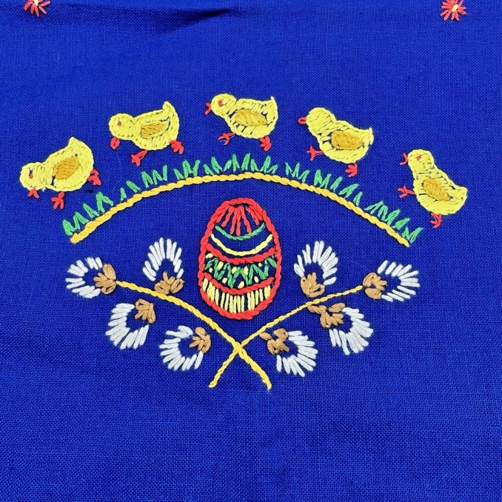 Hand Embroidered Easter Tablecloth Runner Blue Chicks Egg 40 inch Vintage